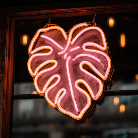 A glowing neon leaf hangs inside a window, emitting a warm pink and yellow glowの素材