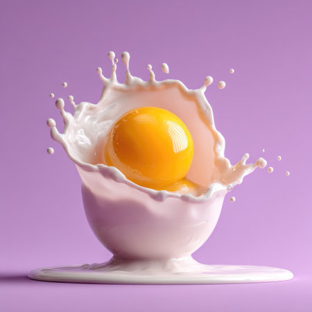 A vibrant egg yolk bursts from a creamy splash within an egg cup, set against a lavender backdropの素材