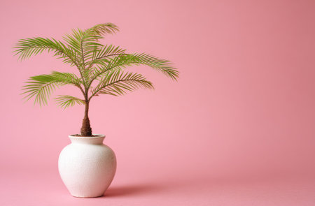 A small palm plant in a white vase sits against a solid pink backgroundの素材