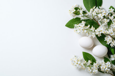 Two eggs, flowers, and leaves on a white background. Top-down view of a spring themeの素材