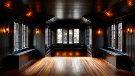 Dark, moody interior with wood floors, windows, sconces, and dark panelingの素材