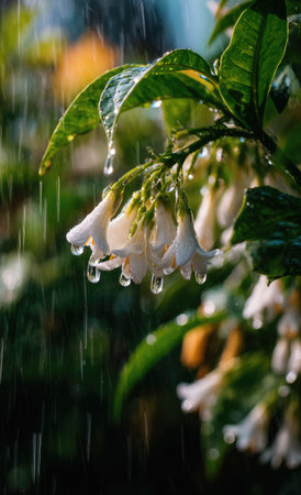 Close-up of white bell-shaped flowers and green leaves glistening with rain dropsの素材