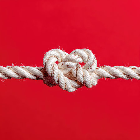 Close-up of a heart-shaped knot tied in white rope against a vibrant red backgroundの素材