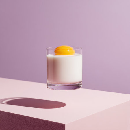 A clear glass with milk, an egg yolk floating on top, sits atop a pink geometric surfaceの素材