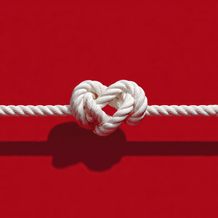 White rope tied in a heart shape against a red background, casting a shadowの素材