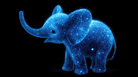 An illustration features a blue elephant created with a digital art style. The artwork presents a three-dimensional effect, using vibrant blue hues with a sparkling texture. The image showcases a playful animal character, suitable for various design applications. It has potential for use in projects related to animation or creative content.の素材