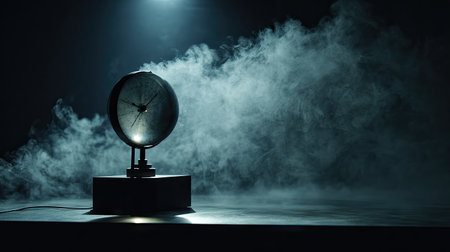 An illuminated clock sits on a pedestal against a smoky background. The lighting is focused, casting shadows and creating a sense of depth. The image displays a unique composition with a modern aesthetic, and the scene is lit to capture attention. Suitable for conceptual illustrations, design projects, and visual storytelling.の素材