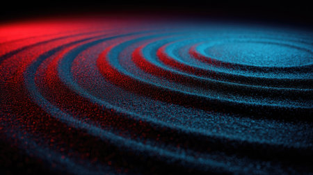 This image presents concentric, textured circles, possibly sand, lit dramatically with red and blue light. The composition features a low-angle perspective emphasizing the pattern, with dark shadows enhancing the contrast. This visual could be used for backgrounds, artistic concepts, or design elements in various commercial projects.の素材