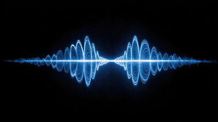An image showcases vibrant blue sound wave patterns against a dark backdrop. The visual features smooth, flowing lines suggesting movement and energy. The composition emphasizes symmetry and balance. This image could be used in various commercial projects related to technology, data visualization, or abstract designs.の素材