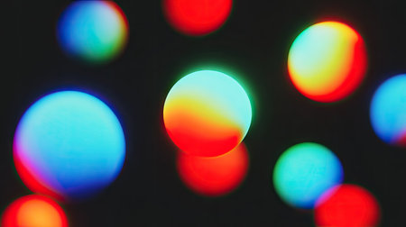 This abstract image showcases multiple glowing spheres in various colors against a dark background. The composition features a blurred, artistic style with gradients of red, blue, and yellow. The visual characteristics suggest a digital or conceptual artwork suitable for various commercial and editorial applications.の素材