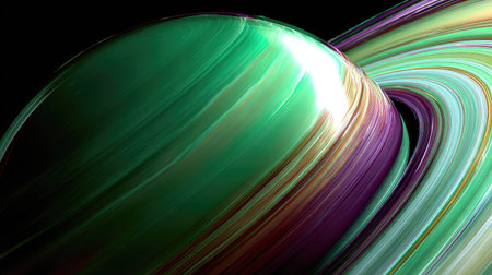 An abstract visualization features a spherical form encircled by vibrant, swirling rings. Predominant colors include green, purple, and gold, suggesting a dynamic energy. The composition utilizes blended lighting and curves to emphasize depth. This artwork is suitable for various editorial and commercial projects.の素材
