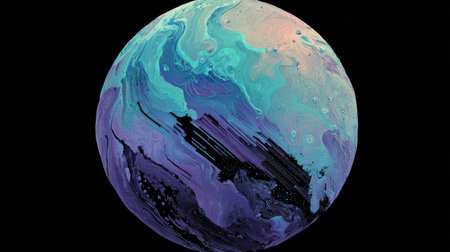 An abstract artwork features a spherical shape with flowing patterns. The color palette includes blue, purple, and green hues, with a contrasting black background. The image has a textured appearance suggesting a painted or digitally created aesthetic. Suitable for various design projects and commercial applications.の素材