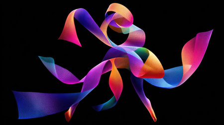 This image features a vibrant display of abstract ribbons in a variety of colors, set against a dark backdrop. The composition showcases dynamic curves and gradients, with lighting that enhances depth and form. Suitable for graphic design projects, presentations, and various commercial or editorial applications, the image offers visual appeal.の素材