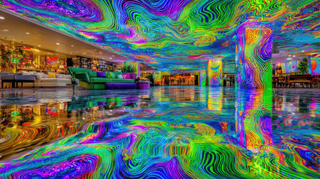 An interior space displays vibrant psychedelic patterns across walls, ceiling, and floor. The artwork utilizes a variety of vivid colors, creating an immersive, reflective environment. The composition features a symmetrical design and could be suitable for artistic installations or creative projects. The overall effect is visually striking and captivating.の素材