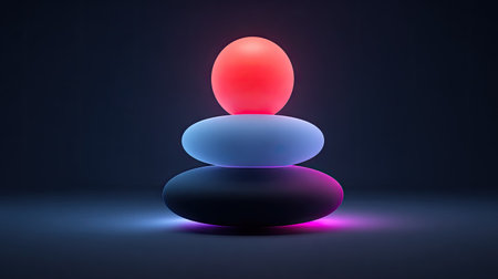 A digital rendering presents a balanced stack of three smooth, ovoid shapes supporting a glowing sphere. The color palette includes blue, black, and red, with subtle neon lighting. The composition is set against a dark background, suggesting a minimalist environment. It may be suitable for advertising, design projects, and visual content.の素材