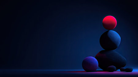 This abstract composition features a stack of spheres illuminated by blue and red light. The objects have a smooth texture, set against a dark, undefined background. The scene suggests a sense of balance and harmony. Suitable for various design projects and editorial content needs.の素材