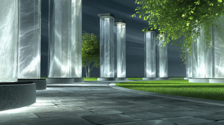 Illuminated columns stand in a garden setting, presenting a modern, minimalist design. The composition features a symmetrical arrangement, with clean lines and soft lighting. The surrounding elements include greenery and a paved pathway. This image might be suitable for architectural, design, or conceptual illustrations.の素材