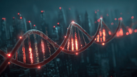 A digital rendering showcases a glowing DNA double helix against an intricate, dark background. The structure is highlighted with red lights, emphasizing the complexity of the genetic code. The overall composition suggests a scientific or technological theme. Suitable for scientific publications, educational materials, and conceptual designs.の素材