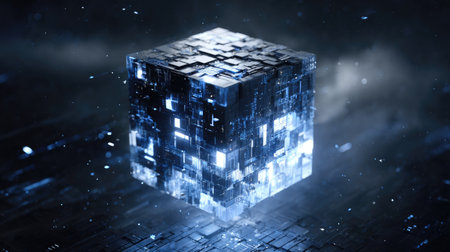 A digital cube, the primary subject, is illuminated with bright blue and white lights. The artwork features a futuristic aesthetic with reflective surfaces. The setting appears dark with atmospheric effects enhancing the 3D rendering. Suitable for use in technology illustrations and other creative design purposes.の素材