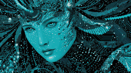 An artistic depiction presents a woman's face integrated with circuit board patterns. The image features shades of turquoise and black, offering a high-tech or futuristic aesthetic. The composition emphasizes detail, highlighting a blend of human form with technological elements. This image could be suitable for various design projects or conceptual illustrations.の素材
