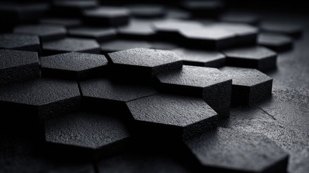 This image features an abstract design composed of dark, hexagonal shapes arranged in a repeating pattern. The textures appear rough and matte, with subtle variations in tone. The composition and lighting create a sense of depth and geometric interest, suitable for various graphic design applications and visual communications.の素材