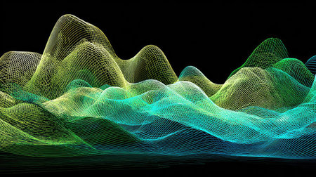 This image presents an abstract landscape composed of interconnected lines forming rolling hills and valleys. The artwork features gradients of green and blue against a dark background. The composition suggests a three-dimensional effect, possibly for use in data visualization or design projects. It may serve commercial or editorial purposes.の素材