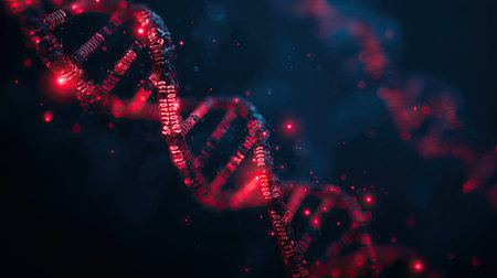 This image showcases an abstract representation of a DNA strand, highlighted by dynamic red and blue illumination. The composition is set against a dark, undefined background, focusing attention on the molecular structure. The visual style suggests possibilities for scientific, educational, or conceptual applications in diverse fields.の素材