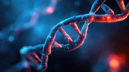 A close-up illustration depicts a DNA double helix in a vibrant color scheme. The composition features a blue and red color palette, with blurred elements in the background. This image could be used in scientific publications, educational materials, or promotional content related to biotechnology and research.の素材