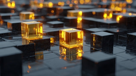 An artistic composition features a network of interconnected cubes, with some illuminated in a warm golden hue. The image showcases a futuristic design, utilizing contrasting dark and reflective surfaces. It presents a potential for representing concepts such as digital networks or data visualization, useful for various commercial applications.の素材
