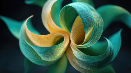 An abstract close-up showcases a stylized floral design. The artwork features layers of teal and gold, creating a dynamic swirl against a dark background. This image presents a modern aesthetic, with a focus on color and form. It could be used for design, decoration, or conceptual purposes.の素材
