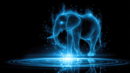 An illustration depicts an elephant rendered in shades of blue with luminous particles. The artwork presents a stylized form with ethereal qualities, set against a dark backdrop. The composition features radial lighting effects, suggesting a digital or conceptual representation suitable for various design applications.の素材