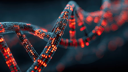 An image showcases a close-up of a DNA strand rendered with a technological aesthetic. It features a blue and red color scheme with digital data integrated along its structure. The composition suggests scientific exploration, potentially suitable for presentations, educational materials, or editorial use within the biotechnology sector.の素材