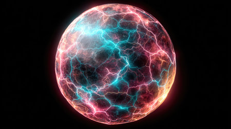 An illuminated sphere showcases dynamic energy, highlighted by a network of vibrant lines across its surface. The image exhibits a color palette of red and blue hues, creating a visually striking display. This image is suitable for various applications, including science-related visuals, digital artwork, and design projects.の素材