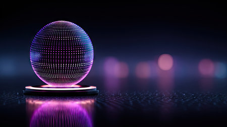 An illuminated sphere composed of numerous dots is displayed against a dark backdrop. The visual characteristics include glowing purples and blues, with blurred light elements adding depth. The composition suggests a digital or technological context. Suitable for commercial applications such as website design, presentations, and various media.の素材