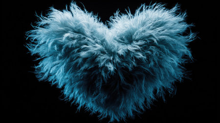 An abstract image features a heart shape composed of soft, light blue material against a dark backdrop. The texture appears fluffy and three-dimensional, suggesting a tactile quality. The composition emphasizes the heart shape. Suitable for various design applications including decorative projects, or editorial content.の素材
