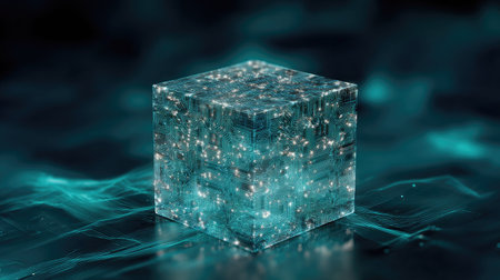 An abstract rendering showcases a luminous cube at the center, radiating with sparkling lights. The artwork features a teal color scheme with dynamic energy patterns swirling around the geometric form. This digitally created image offers visual appeal suitable for conceptual designs and technological representations.の素材