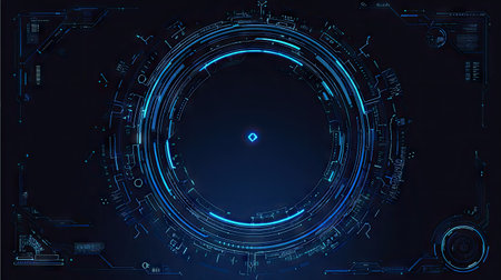 A digitally created image showcases a futuristic circular interface with glowing blue lines. The composition features concentric circles and intricate geometric elements, set against a dark background. The design suggests technology and innovation, suitable for various applications, including website design or editorial illustrations.の素材