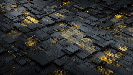 An abstract composition features a detailed, textured pattern of dark grey geometric shapes with a golden glow illuminating certain areas. The design utilizes a repetitive arrangement with an overhead perspective. This visual could be utilized for various commercial purposes such as backgrounds or artistic depictions.の素材