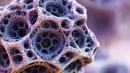 This image features a detailed, abstract fractal with complex, geometric patterns. The artwork showcases a range of colors, including blues, purples, and pinks. The close-up perspective and soft lighting highlight the three-dimensional texture. Suitable for various applications, it can be used for design projects and commercial purposes.の素材