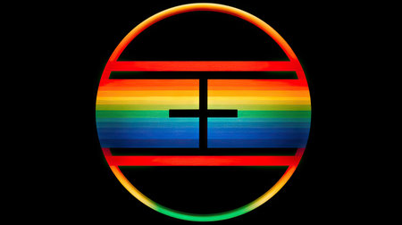 An abstract design features a rainbow gradient within a circular frame and a central plus symbol, all set against a black background. The image exhibits vibrant colors and a clean, geometric style. The composition suggests a modern aesthetic and could be suitable for various design applications and commercial uses.の素材
