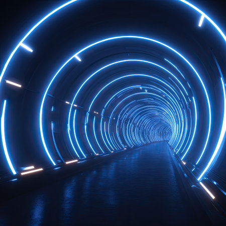 An abstract image presents a futuristic tunnel constructed with circular neon lights emitting a cool blue glow. The interior features a reflective floor, enhancing the depth and spatial elements of the design. This dynamic composition, suitable for various commercial uses, offers a visual representation of technology and forward-thinking concepts.の素材