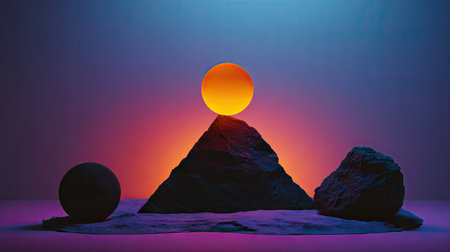 This image presents an abstract composition featuring geometric forms. A central triangular shape is balanced with a sphere and rock formations. The lighting creates a gradient of colors from warm orange to cool blue. This image could be suitable for various commercial or artistic applications.の素材