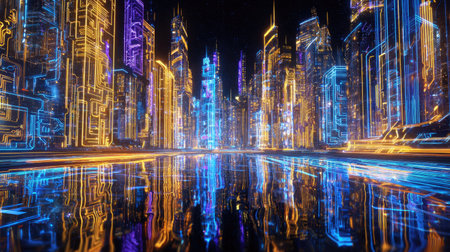 An illuminated cityscape features bright neon lights in vibrant shades of blue, orange, and purple. The scene showcases reflective surfaces, potentially water, creating a symmetrical composition. This digital artwork portrays modern architecture and could be used for technology, design, or conceptual projects.の素材