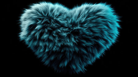 A close-up captures a teal-colored, fluffy heart shape set against a stark black backdrop. The image showcases detailed fur-like texture and highlights the heart's form. Suitable for designs that require a soft, yet bold visual element, offering versatility for various commercial applications.の素材