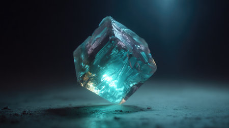An illuminated cube of layered surfaces floats in a dark, empty space. The geometric shape exhibits light refraction and a color gradient from teal to violet. The image is rendered with dynamic lighting, creating high contrast. This visual could be used in design projects, advertisements, or conceptual artwork.の素材