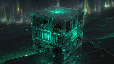 A digital illustration presents a large cube with interconnected circuit patterns. Glowing teal lines and squares overlay the structure suggesting advanced technology. The composition uses a dark background with blurred lights, suggesting an artificial environment. This image could be used for scientific articles or visual representations of complex systems.の素材