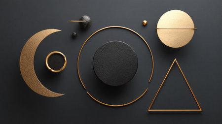 This image presents an artistic composition of geometric forms. Various shapes, including circles, triangles, and spheres, are rendered in gold and black. The arrangement suggests an abstract setting, possibly digitally created, with a modern and minimalist design. Suitable for use in design, marketing, and advertising projects.の素材
