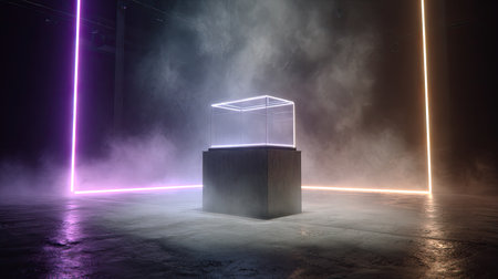 An illuminated display platform sits centrally in an atmosphere filled with smoke and vibrant neon lights. The composition highlights a minimalist design with bold color contrasts. It features a dark backdrop, creating an immersive scene suitable for product presentations, creative projects, or visual concepts.の素材