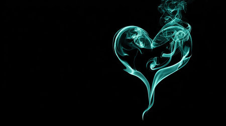 An abstract image showcases a heart shape formed by ethereal smoke against a stark black backdrop. The smoke features vibrant shades of turquoise. The composition is simple, using the contrast to create a dramatic effect. Suitable for visual concepts and creative projects.の素材