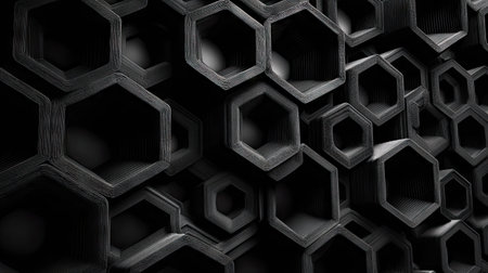 This image features an abstract arrangement of hexagonal shapes in varying sizes and depths. The predominant color is black, with subtle shading creating depth and texture. The composition utilizes a shallow depth of field. Ideal for use as a background in graphic design or conceptual visuals.の素材